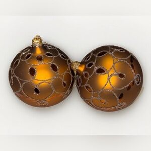 Set Of 2 Large Vintage Blown Glass Christmas Ball Ornaments Copper Brown & Gold